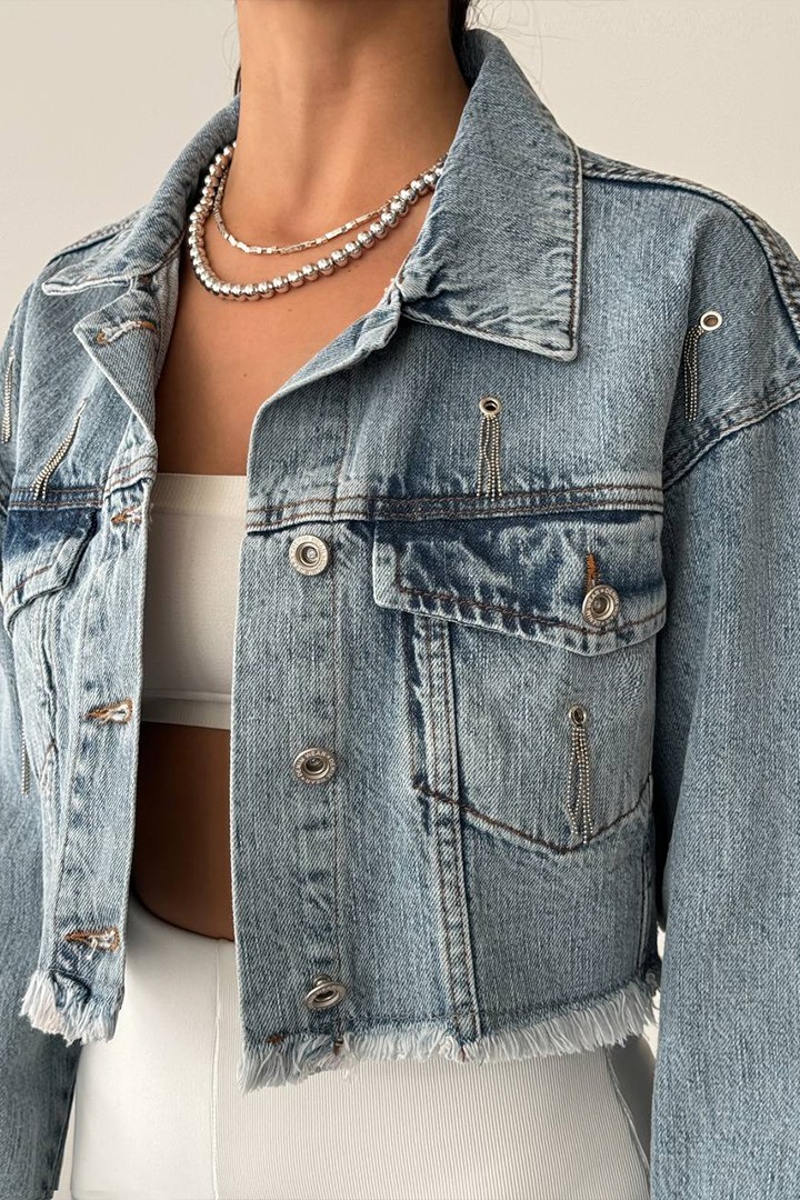 Kadın Zincir Detaylı Püsküllü Jean Crop Ceket