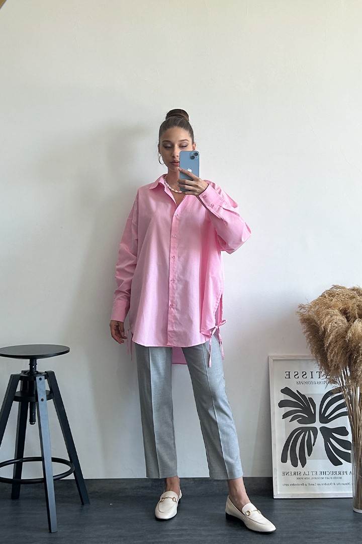 Yandan Bağlamalı Oversize Pembe Gömlek