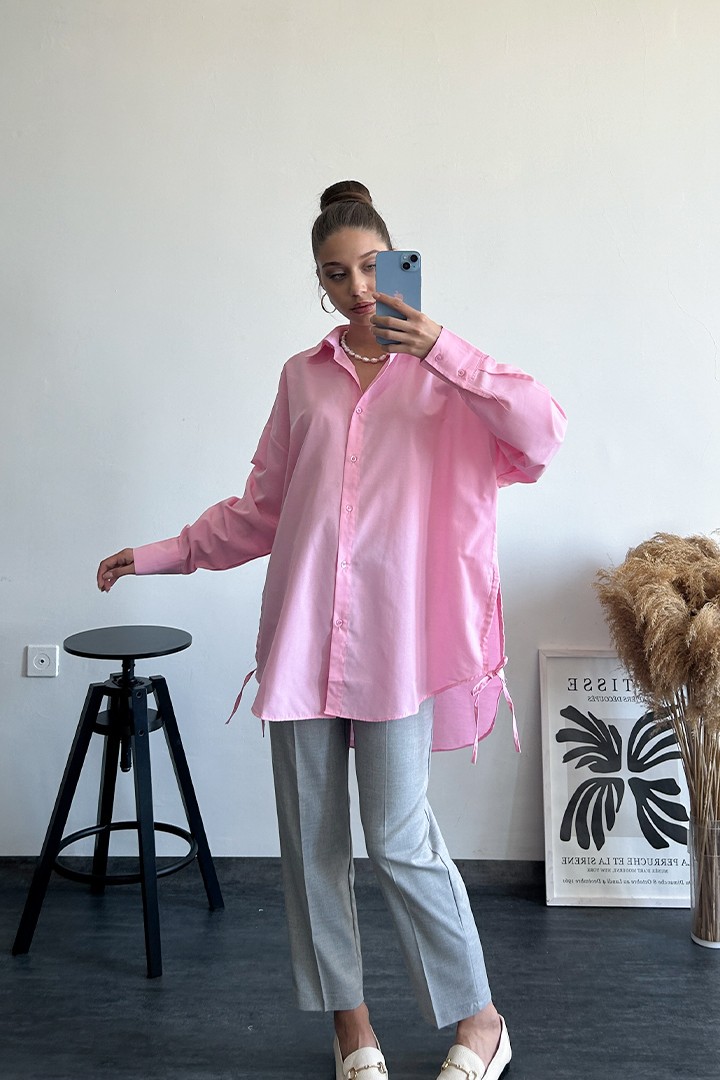 Yandan Bağlamalı Oversize Pembe Gömlek