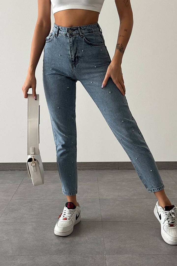 Yüksek Bel Taşlı Boyfriend Jean