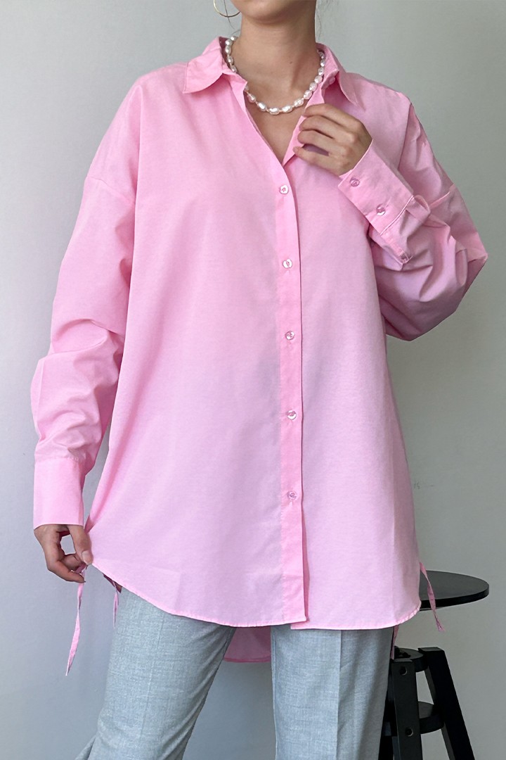 Yandan Bağlamalı Oversize Pembe Gömlek