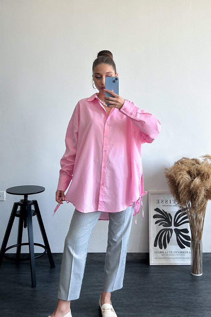 Yandan Bağlamalı Oversize Pembe Gömlek