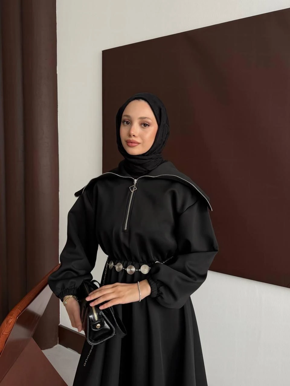 YAKA DETAYLI SCUBA ELBİSE ( SİYAH) 