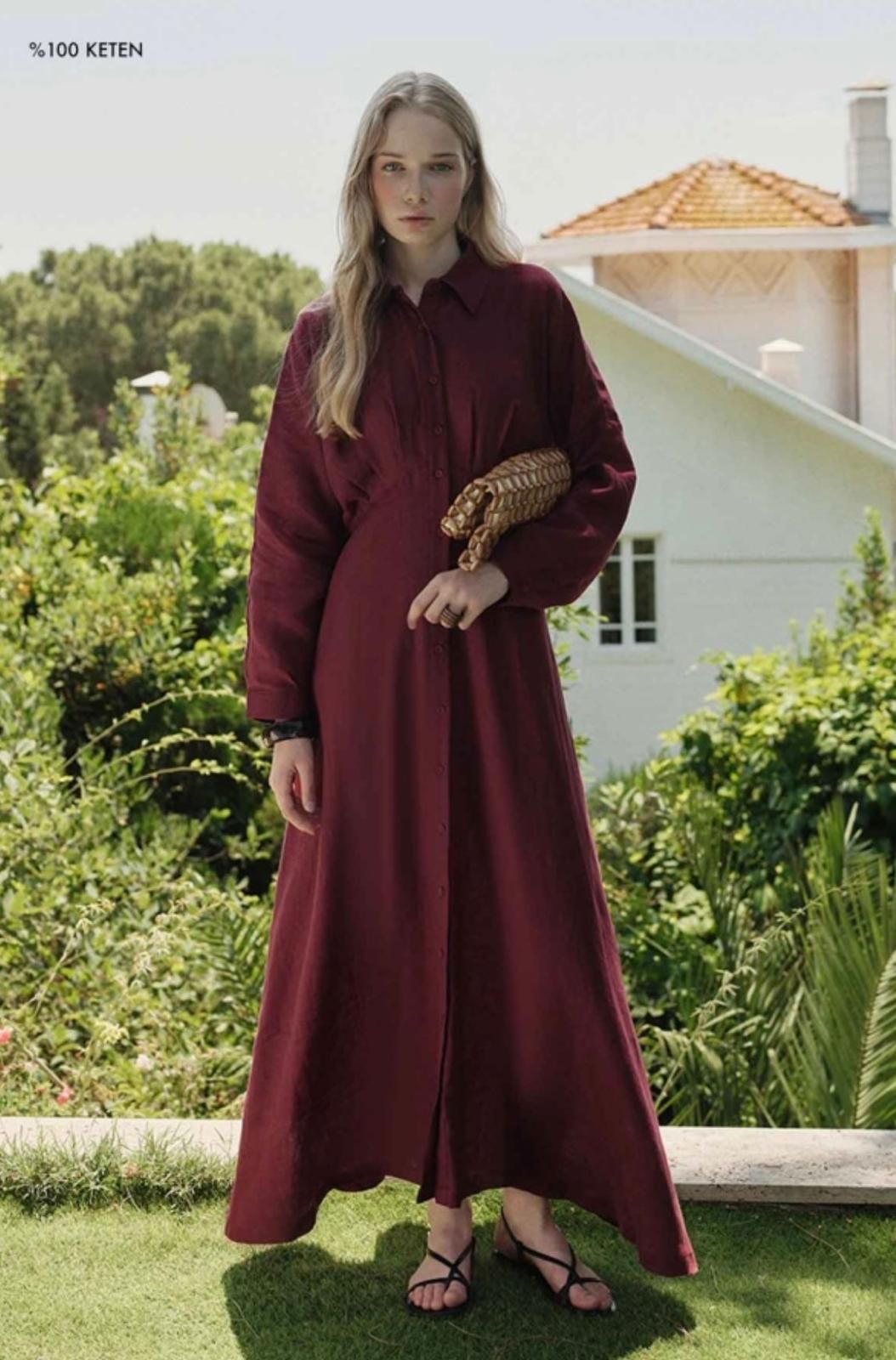 KETEN PİLELİ ELBİSE (BORDO)