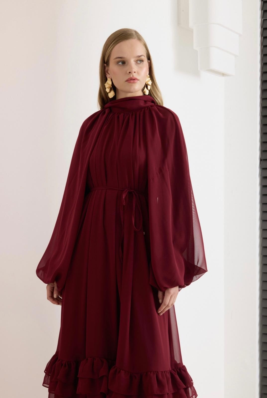 FIRFIRLI BALON KOL ŞİFON ELBİSE (BORDO)
