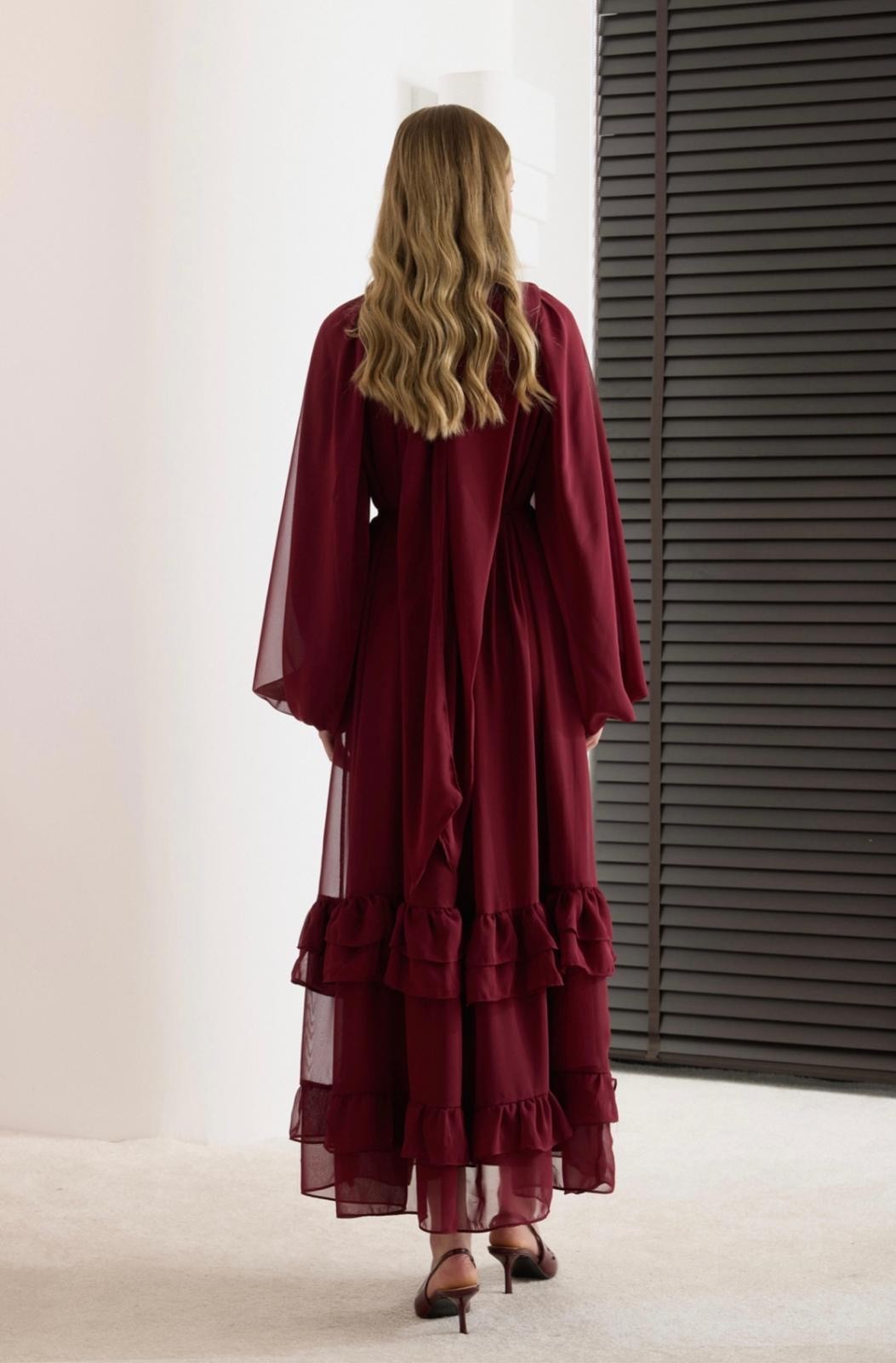FIRFIRLI BALON KOL ŞİFON ELBİSE (BORDO)