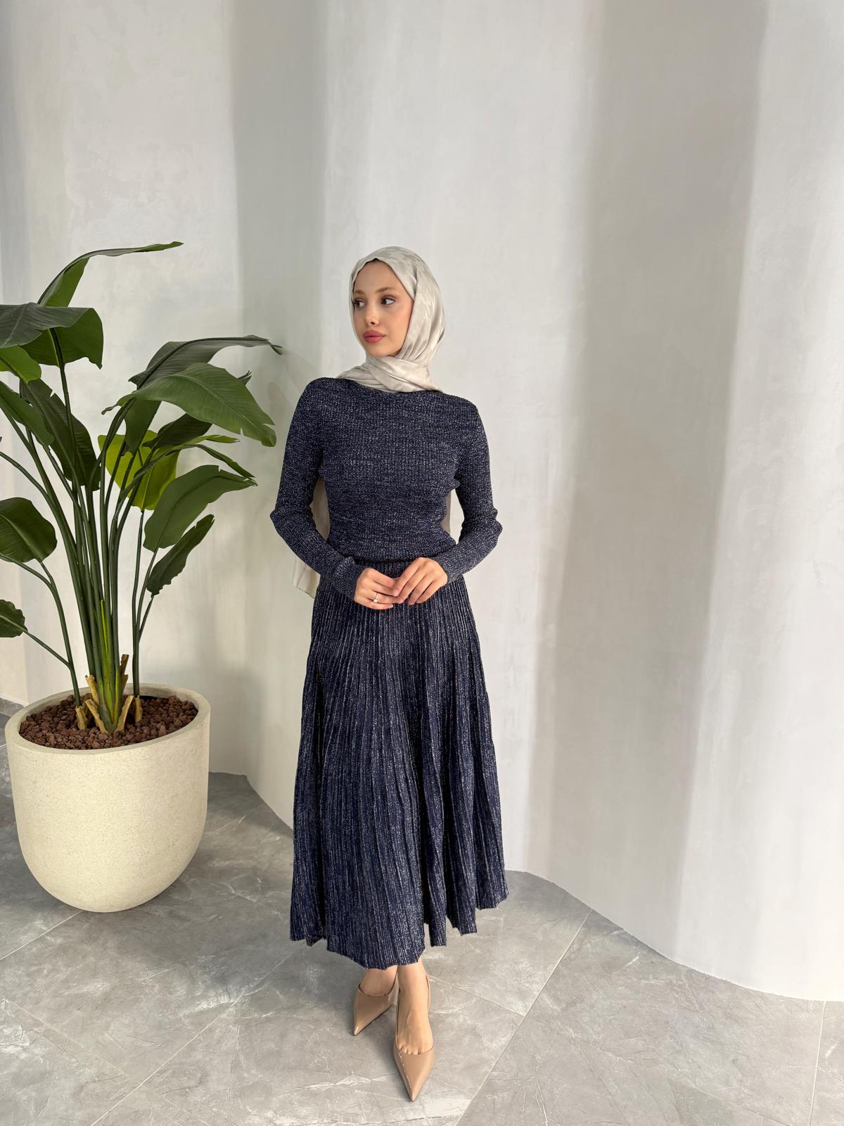 ELLA SİMLİ TRİKO ELBİSE (LACİVERT)