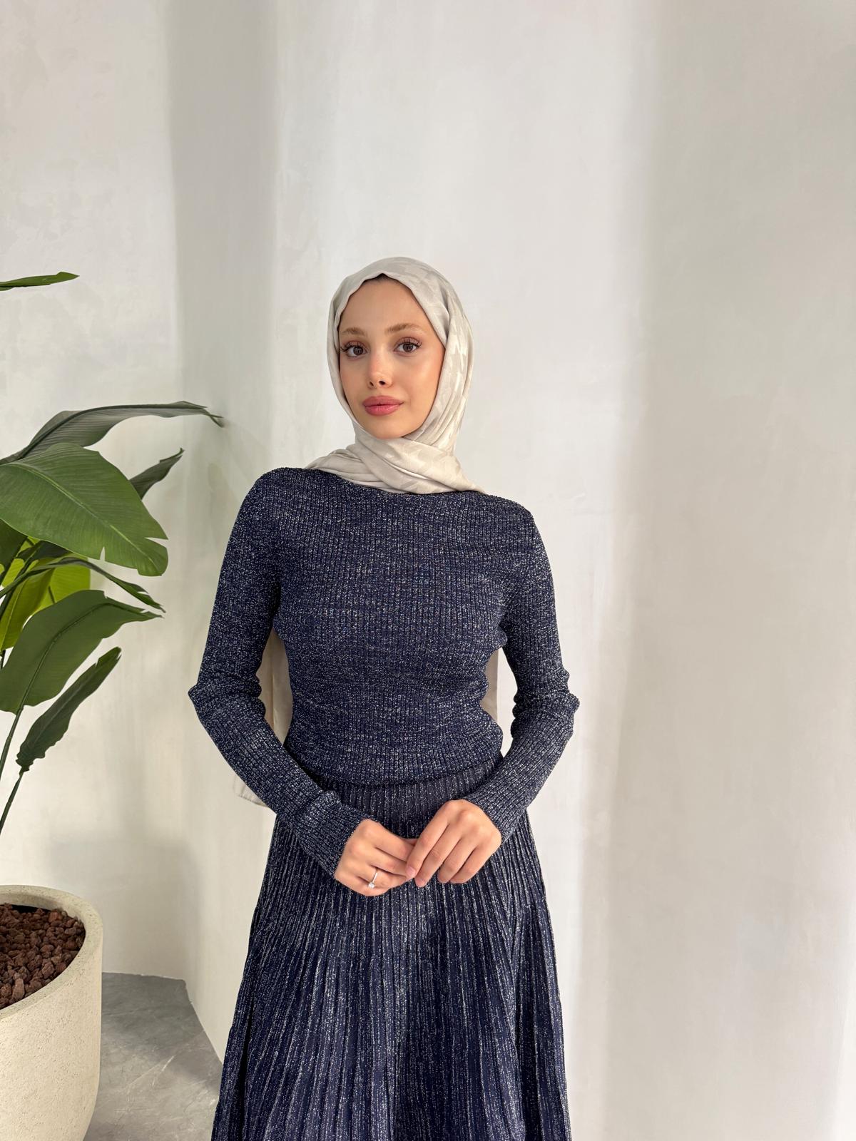 ELLA SİMLİ TRİKO ELBİSE (LACİVERT)