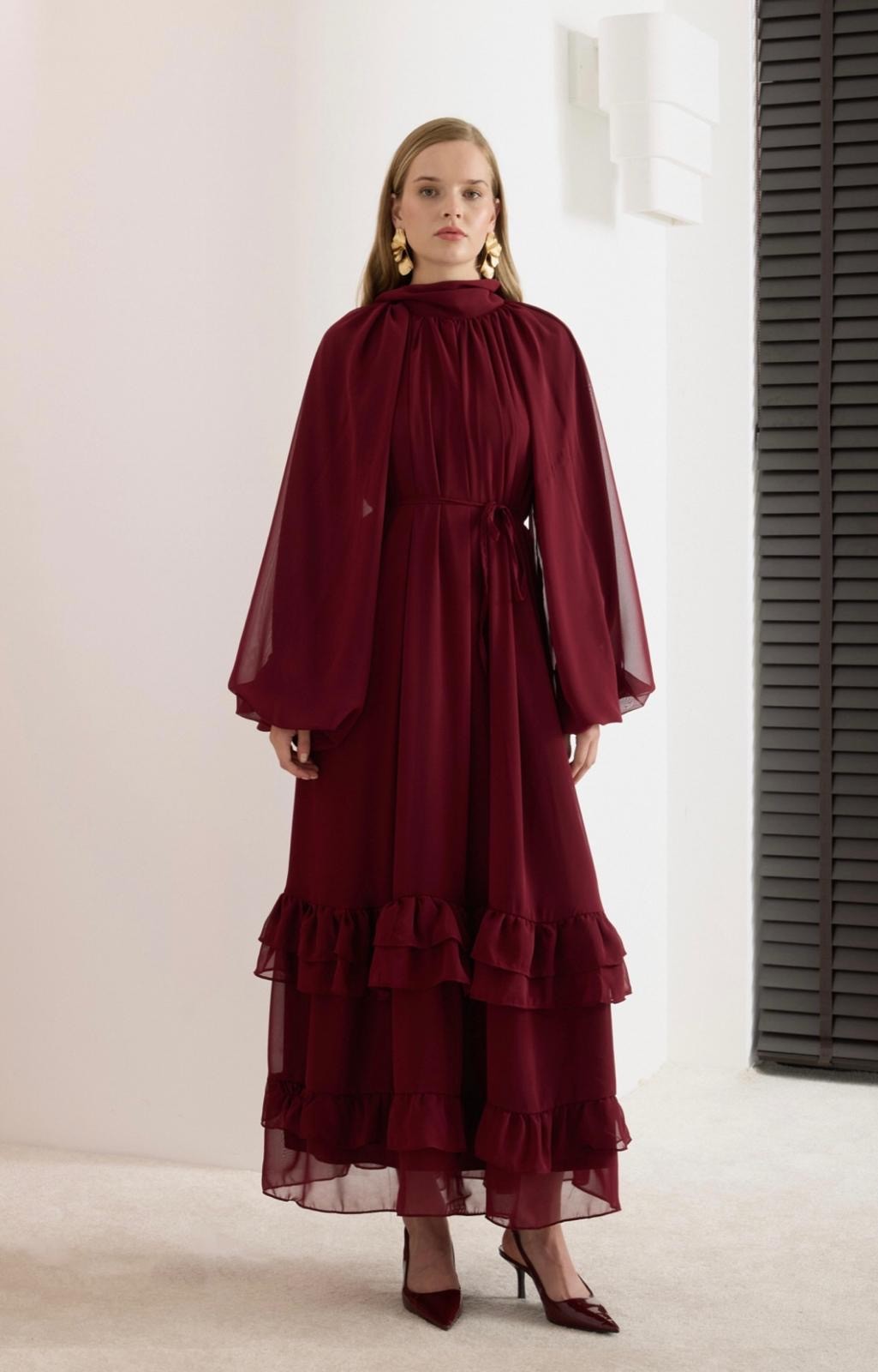 FIRFIRLI BALON KOL ŞİFON ELBİSE (BORDO)