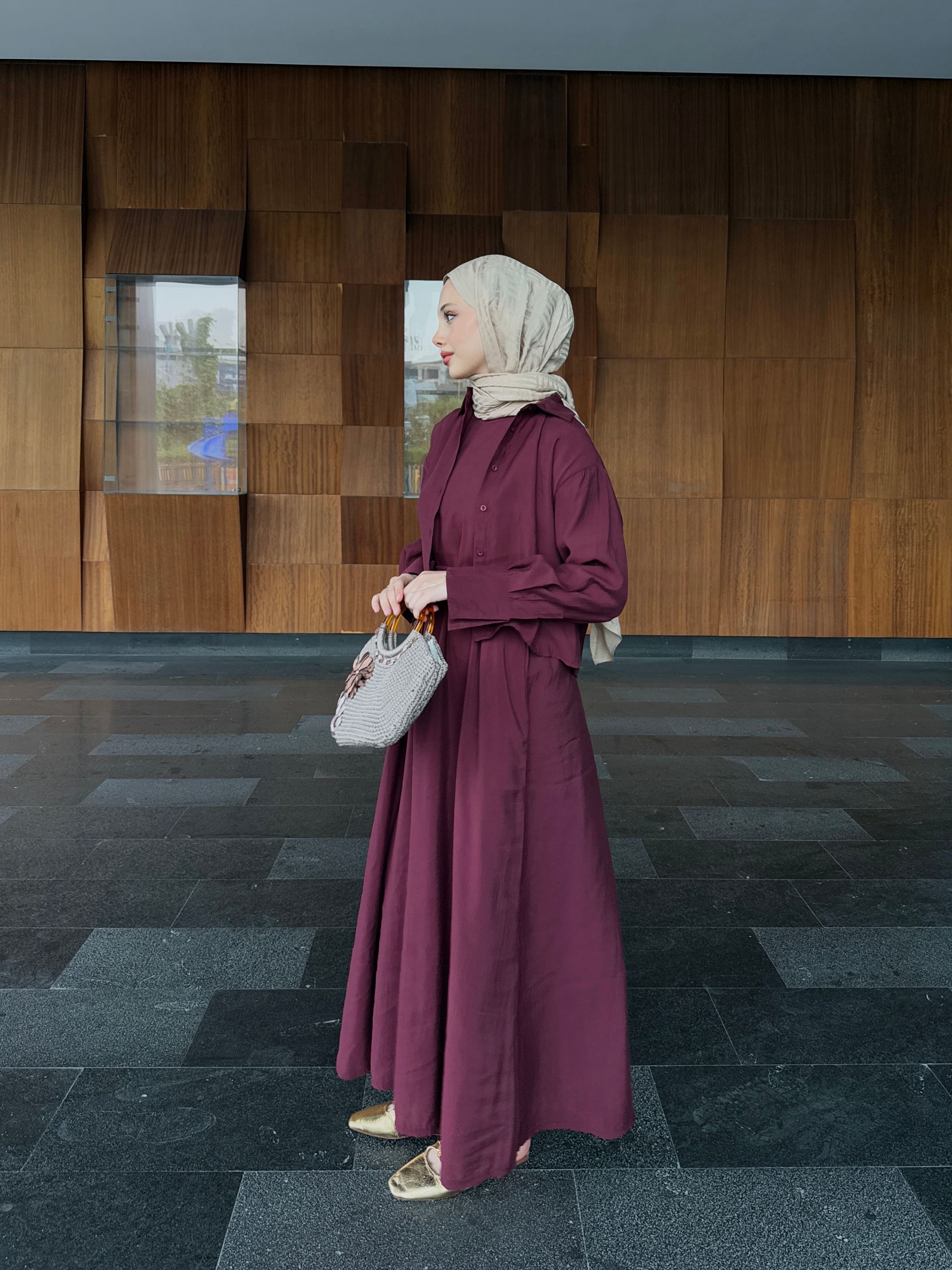 GÖMLEKLİ TENSEL ELBİSE (BORDO)