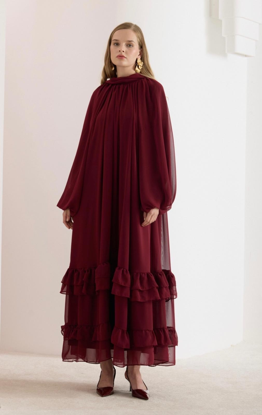 FIRFIRLI BALON KOL ŞİFON ELBİSE (BORDO)