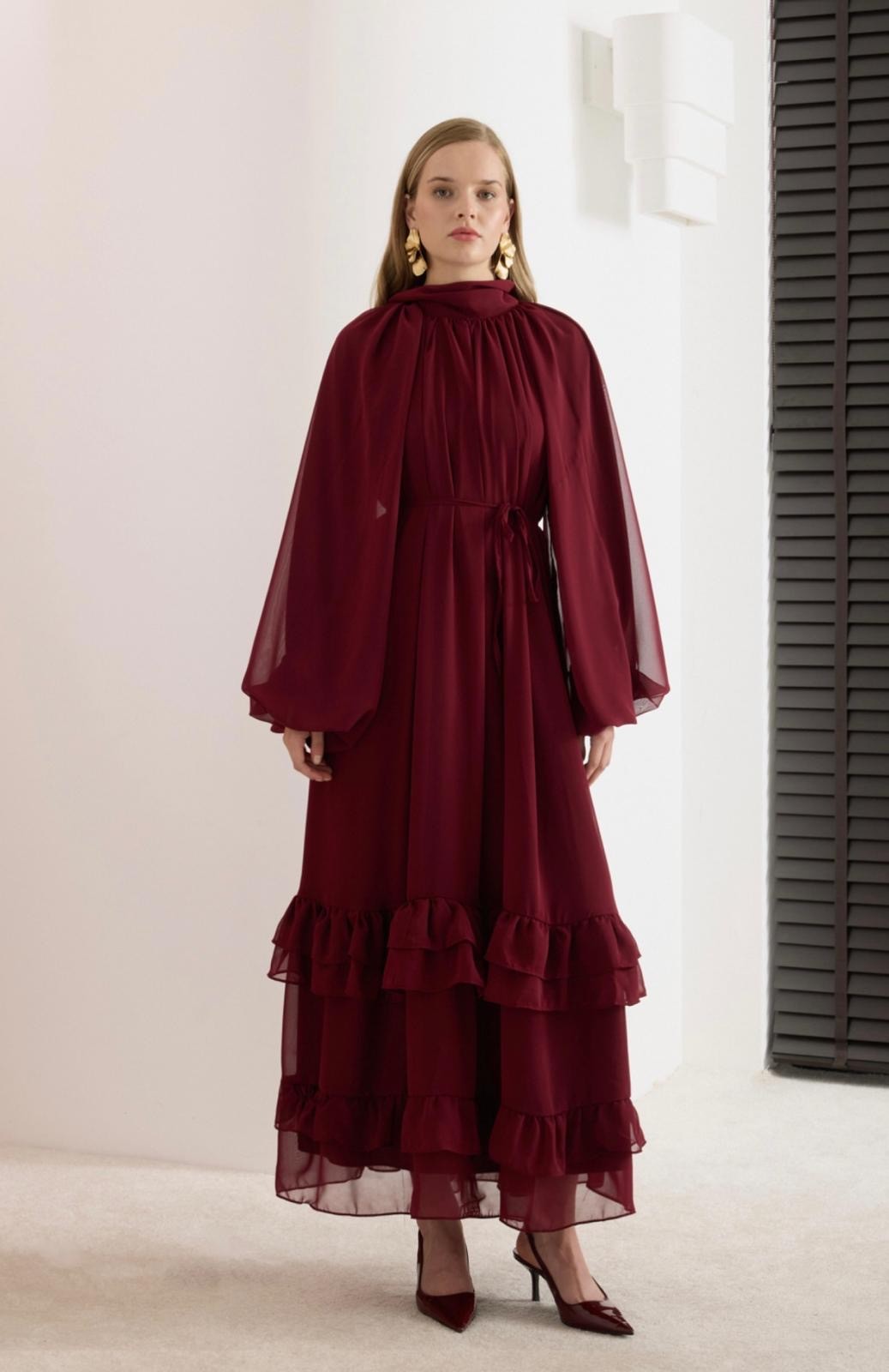 FIRFIRLI BALON KOL ŞİFON ELBİSE (BORDO)