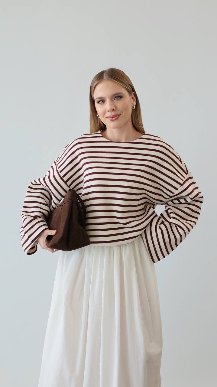 ÇİZGİLİ CROP SWEAT (BORDO)