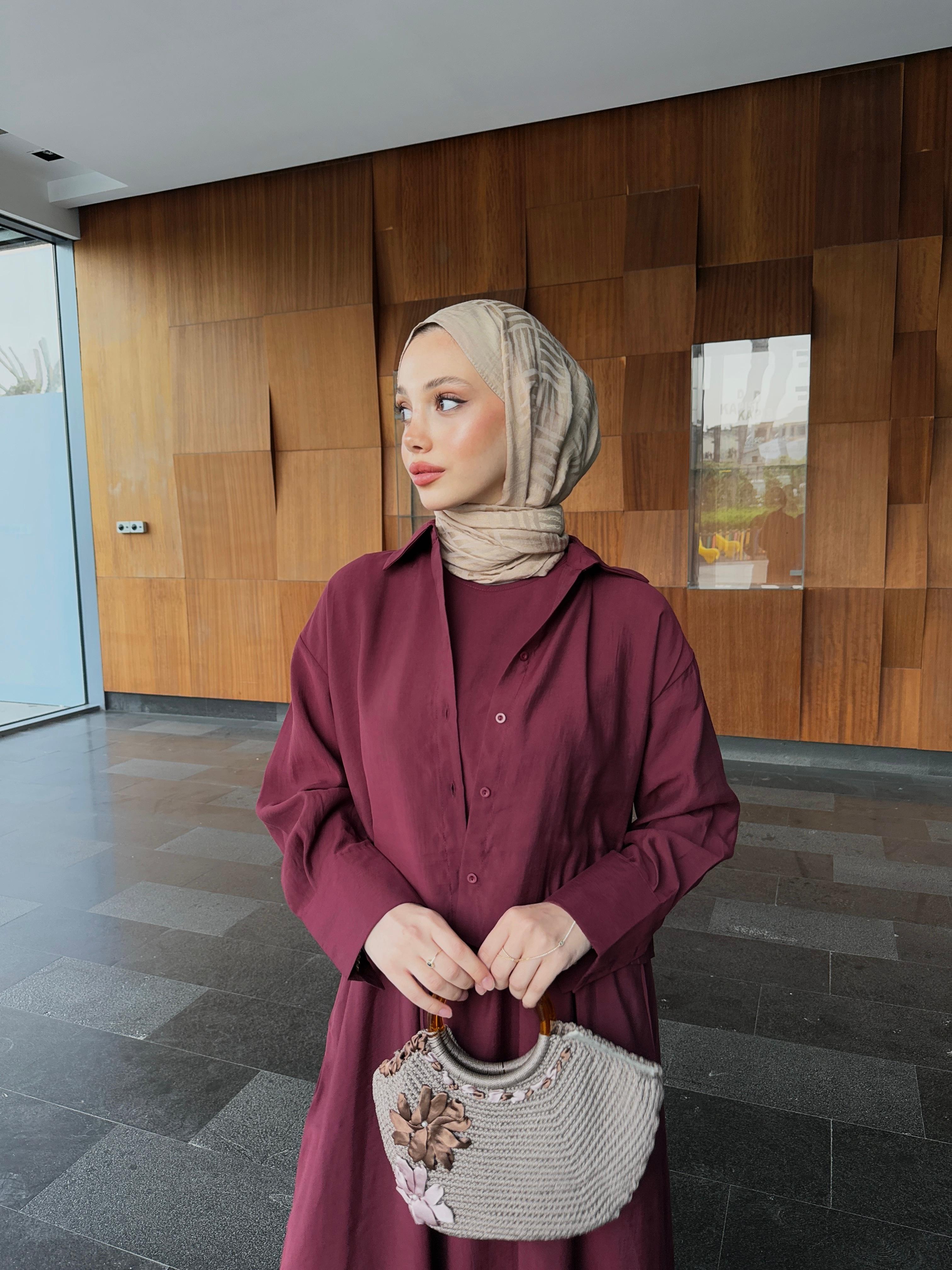 GÖMLEKLİ TENSEL ELBİSE (BORDO)