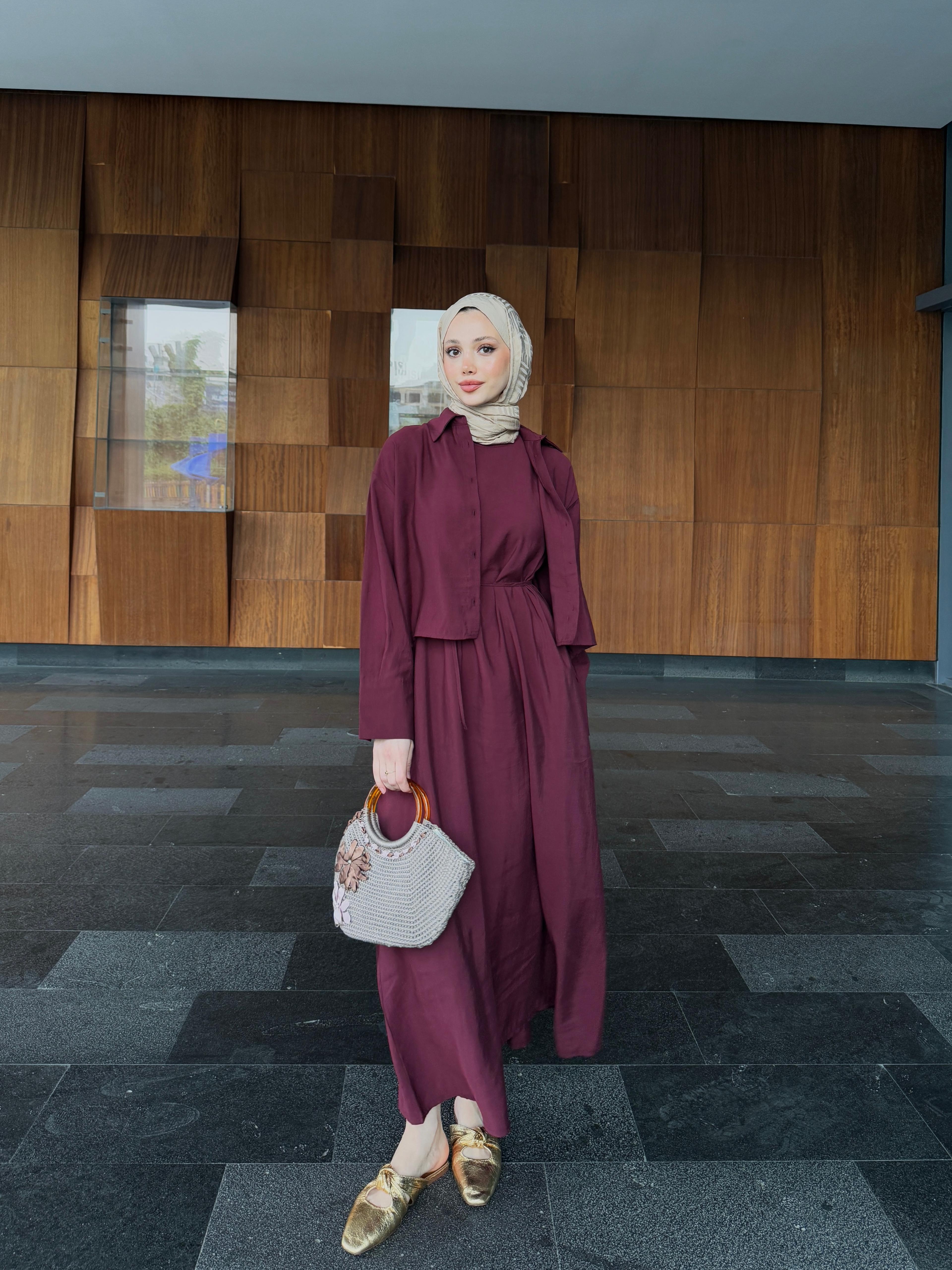 GÖMLEKLİ TENSEL ELBİSE (BORDO)