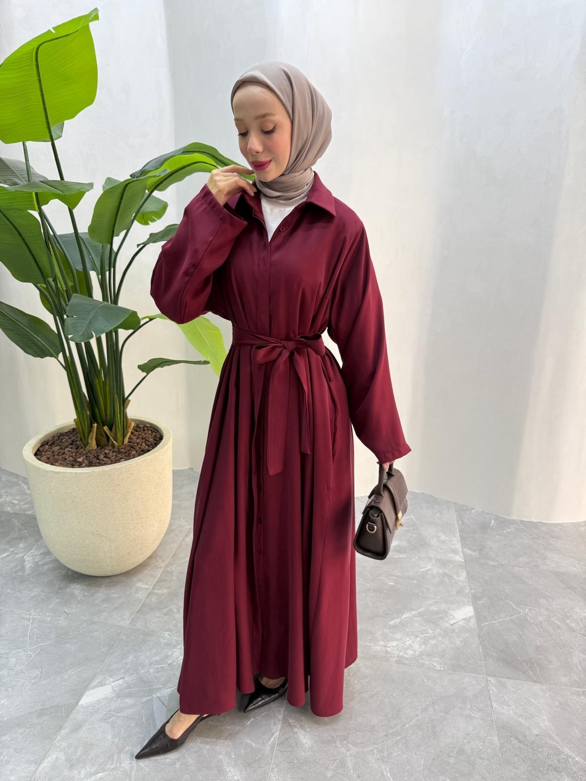 TENSEL GÖMLEK ELBİSE (BORDO)