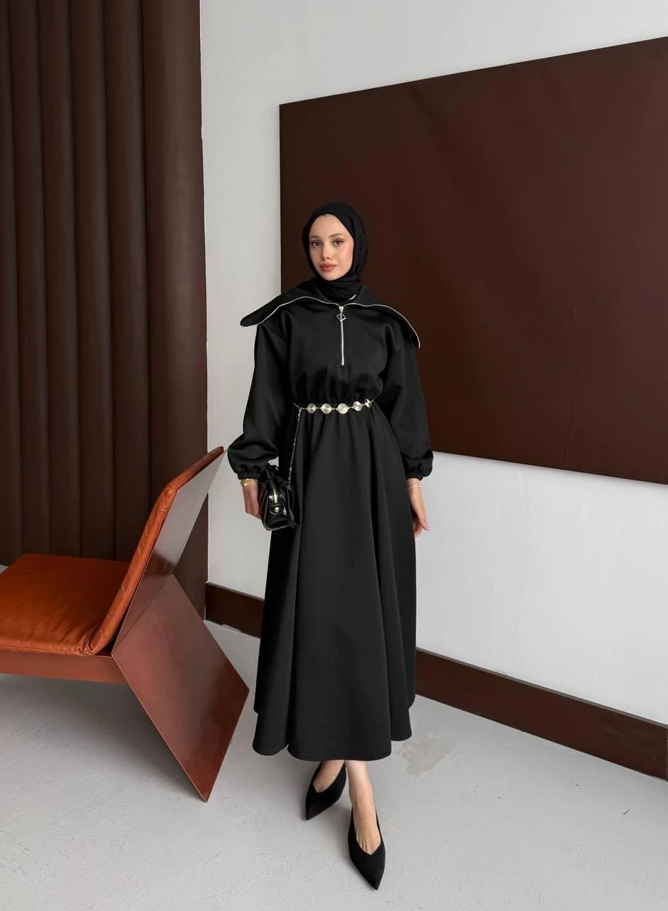 YAKA DETAYLI SCUBA ELBİSE ( SİYAH) 