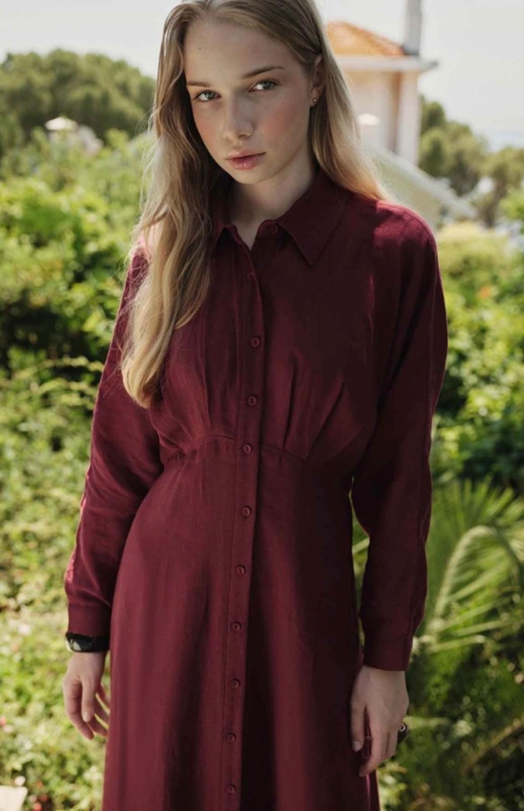 KETEN PİLELİ ELBİSE (BORDO)