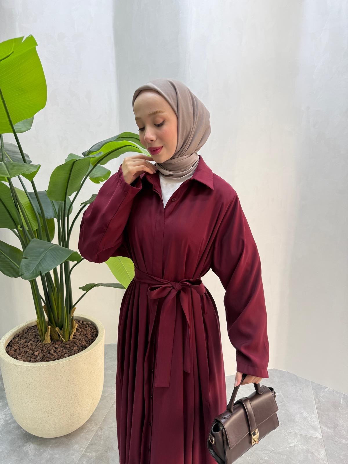 TENSEL GÖMLEK ELBİSE (BORDO)