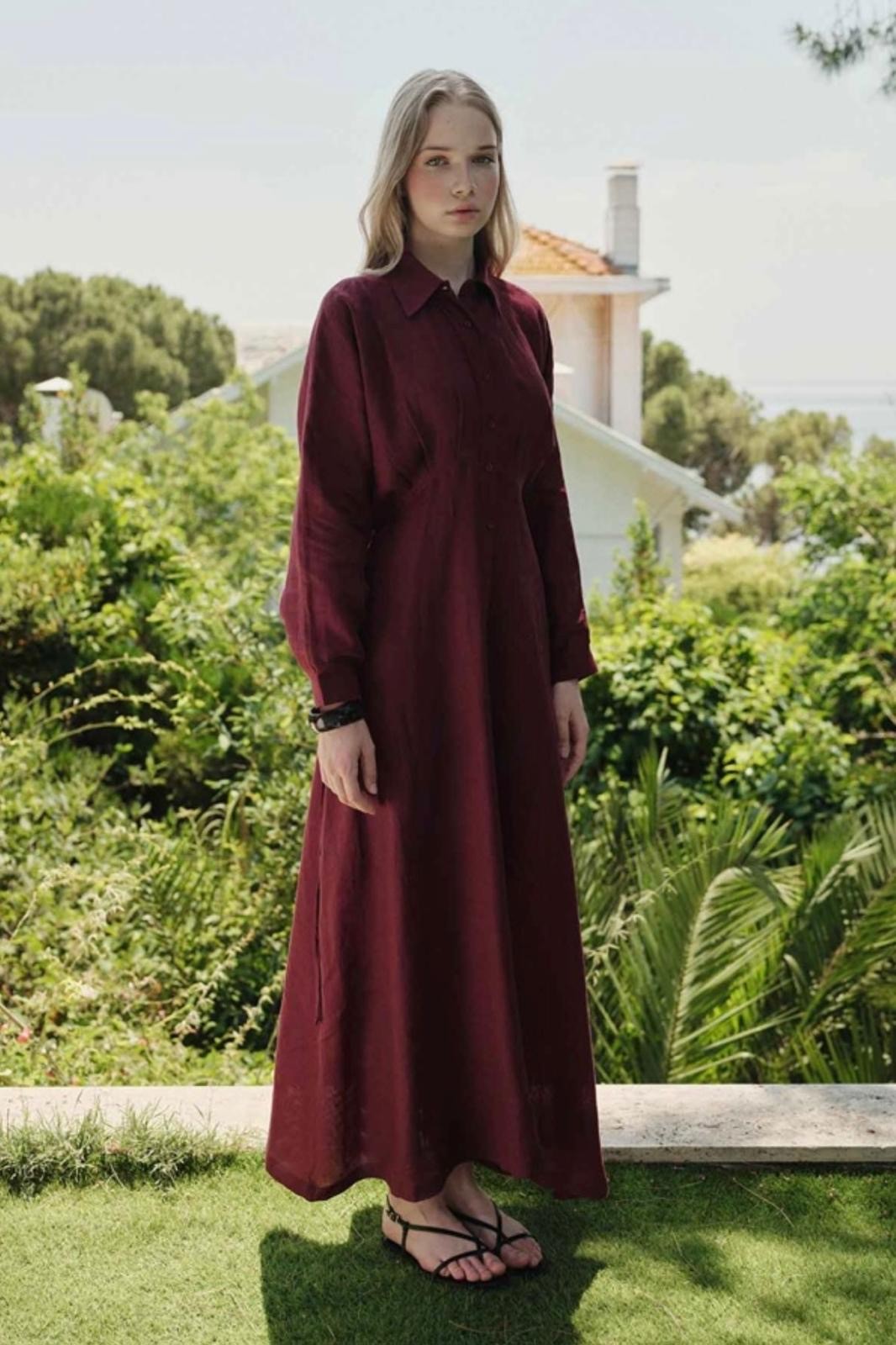 KETEN PİLELİ ELBİSE (BORDO)