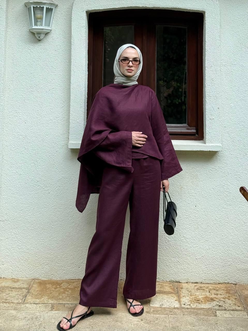 KETEN PELERİN DETAYLI DÖKÜMLÜ BLUZ