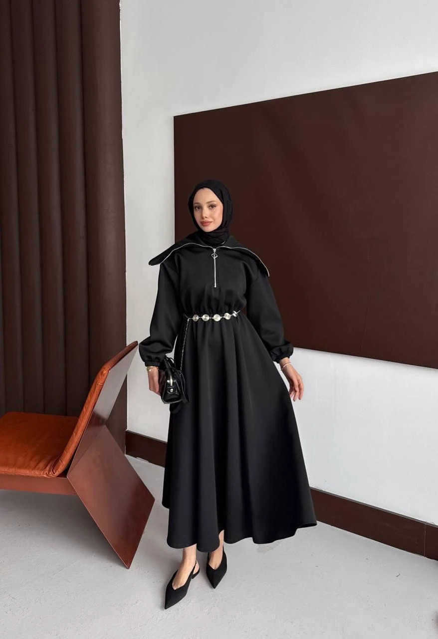 YAKA DETAYLI SCUBA ELBİSE ( SİYAH) 