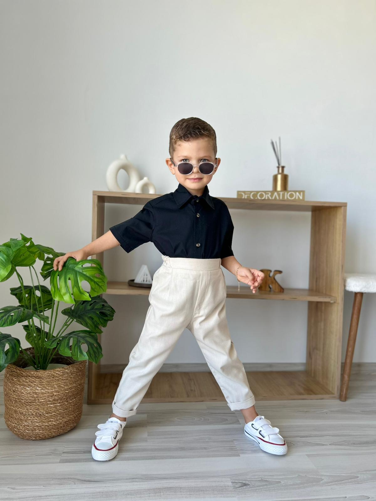 Favorimkids Bebek Çocuk Krem kısa Kollu Pantalon Gömlek Takım 1-5 yaş