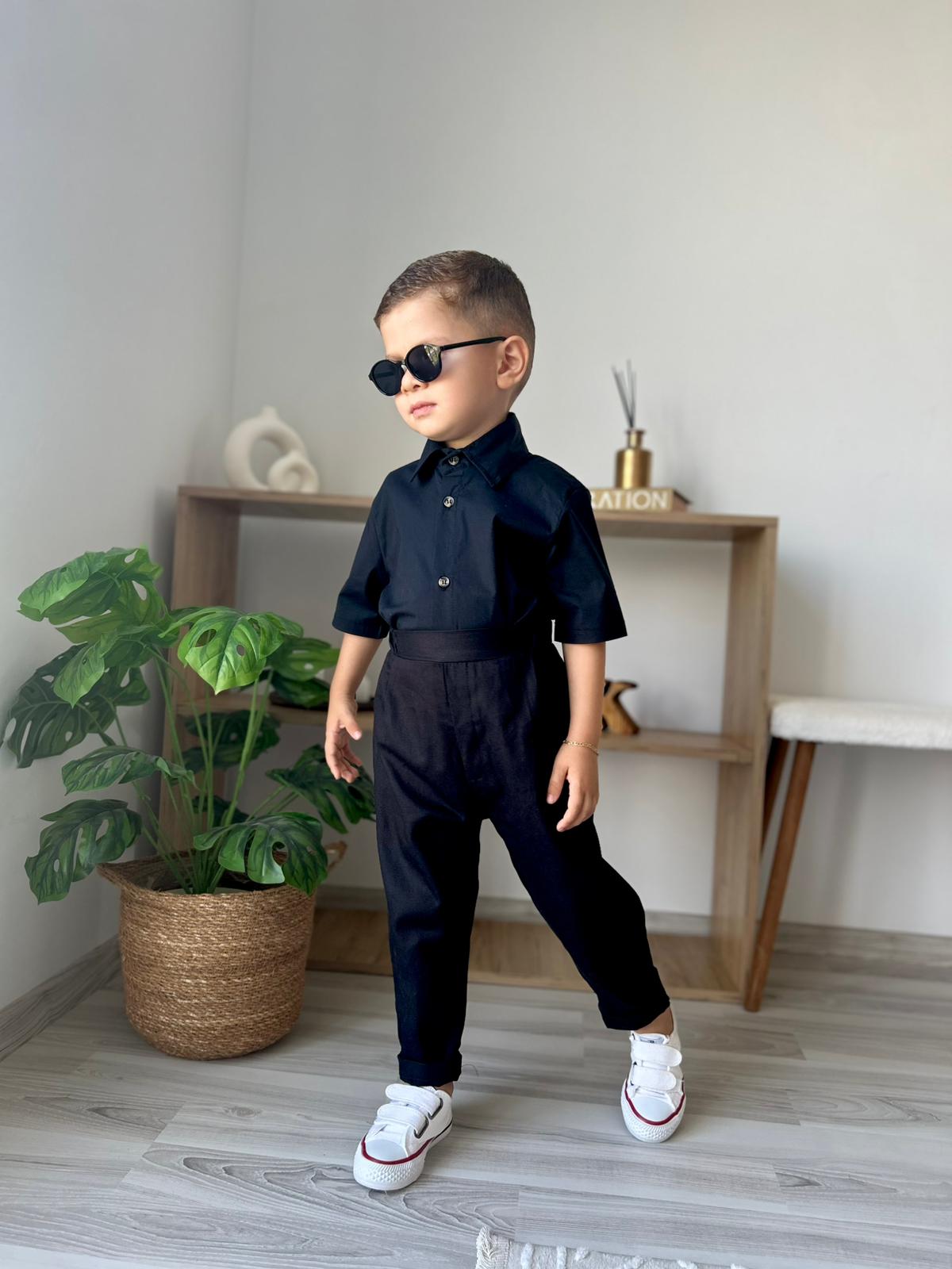 Favorimkids Bebek Çocuk SİYAH Kısa Kol  Pantalon  Gömlek Takım 1-5 yaş 