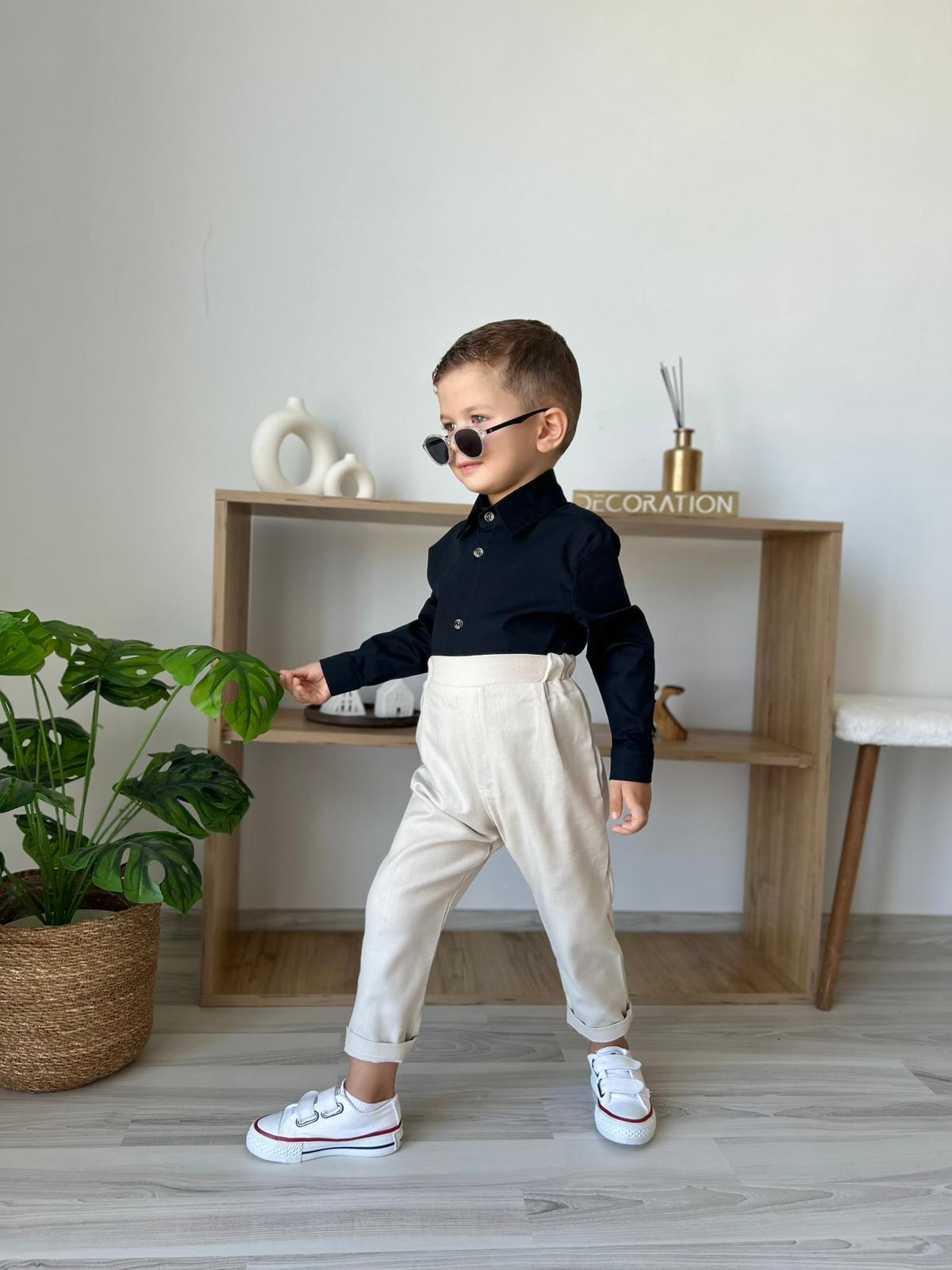 Favorimkids Bebek Çocuk siyah krem  Uzun Kollu Pantalon Gömlek Takım 1-5 yaş