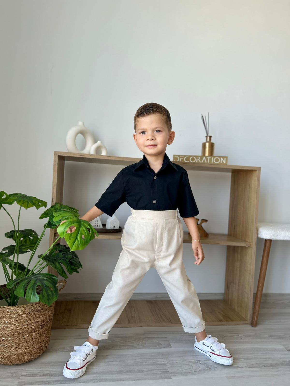 Favorimkids Bebek Çocuk Krem kısa Kollu Pantalon Gömlek Takım 1-5 yaş