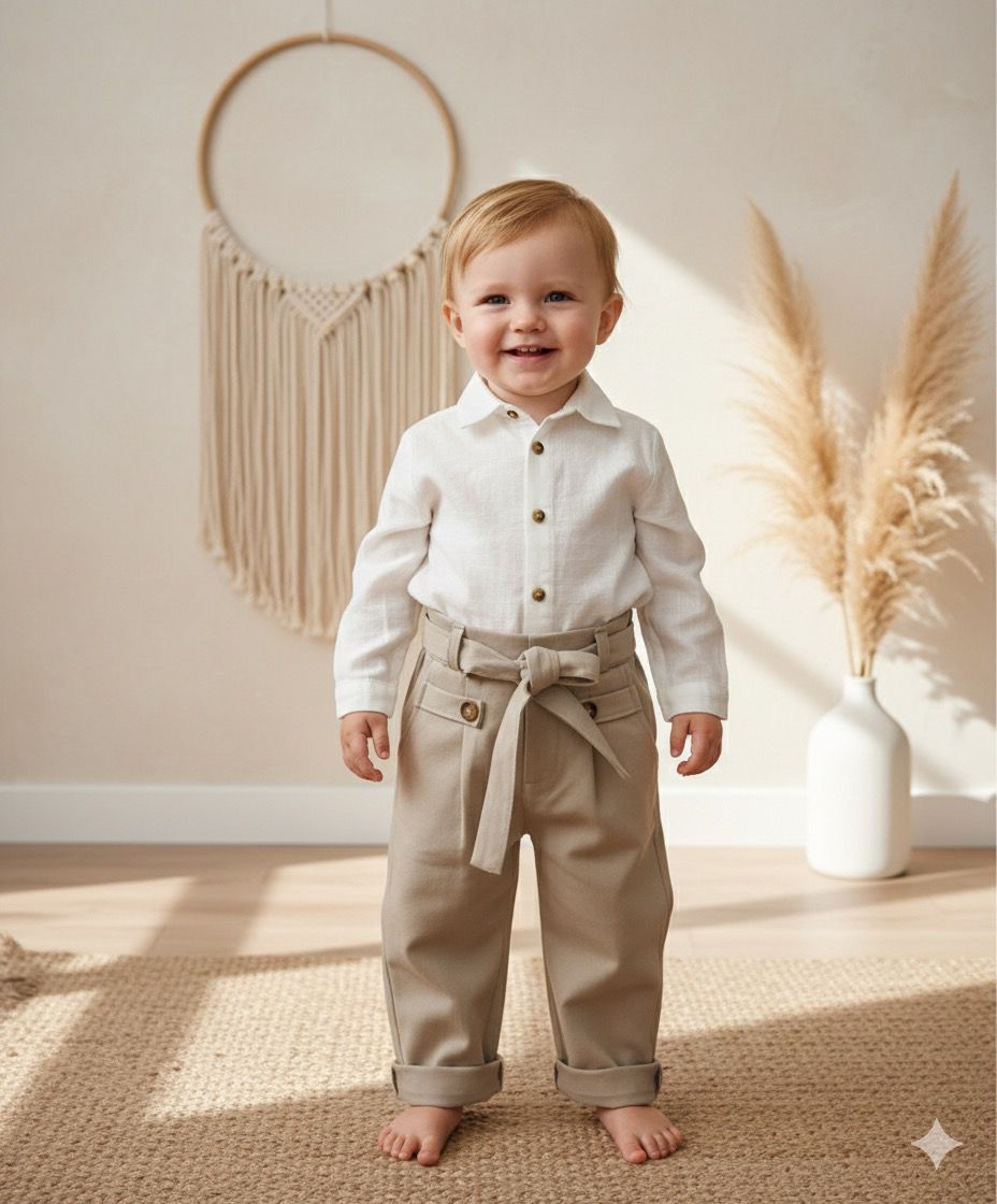Favorimkids Krem Pantalon Beyaz  Gömlek Bebek Çocuk ALT ÜST Takım -3-
