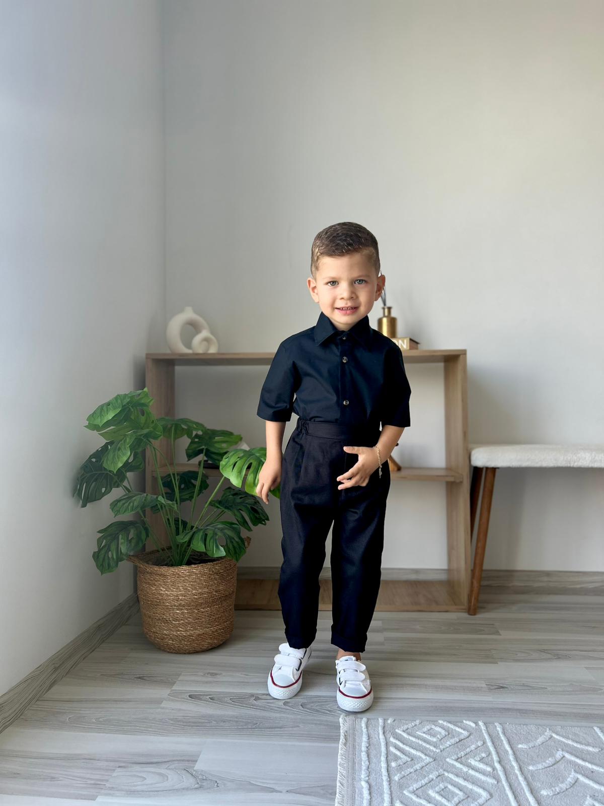 Favorimkids Bebek Çocuk SİYAH Kısa Kol  Pantalon  Gömlek Takım 1-5 yaş 