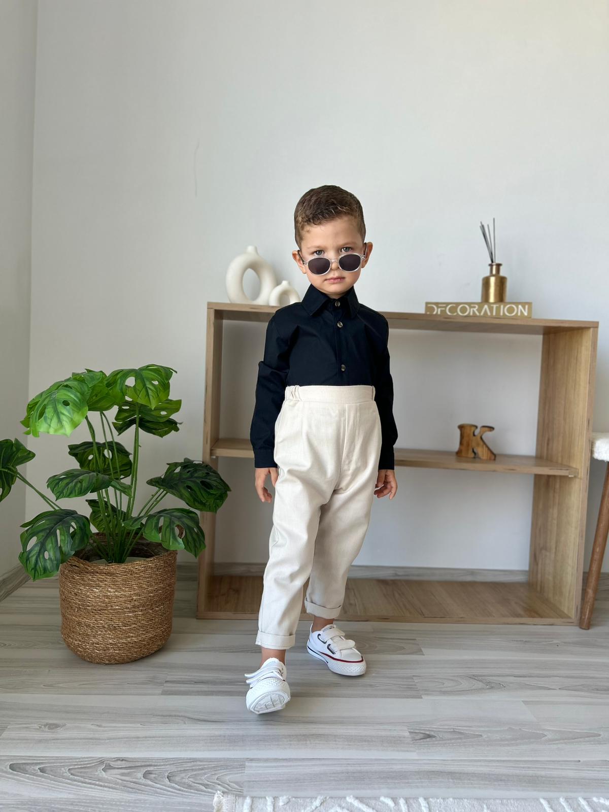 Favorimkids Bebek Çocuk siyah krem  Uzun Kollu Pantalon Gömlek Takım 1-5 yaş