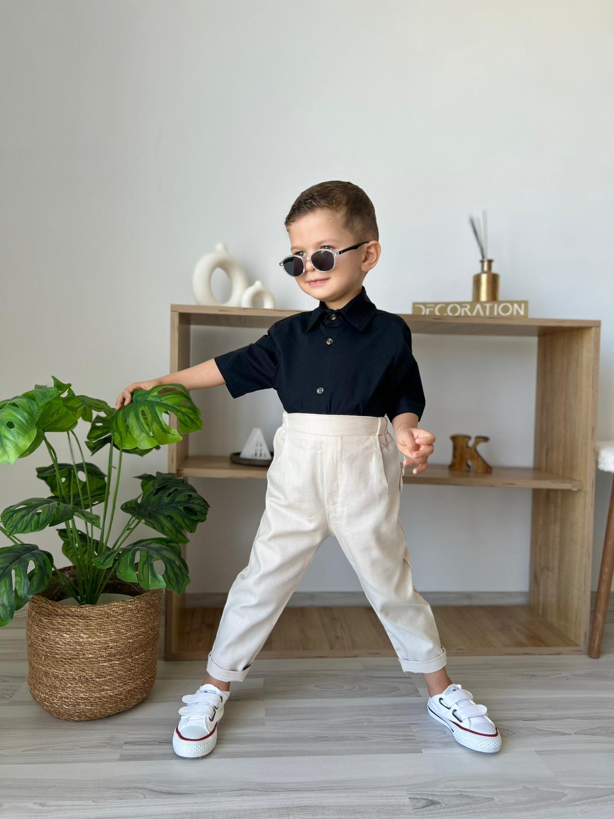 Favorimkids Bebek Çocuk Krem kısa Kollu Pantalon Gömlek Takım 1-5 yaş