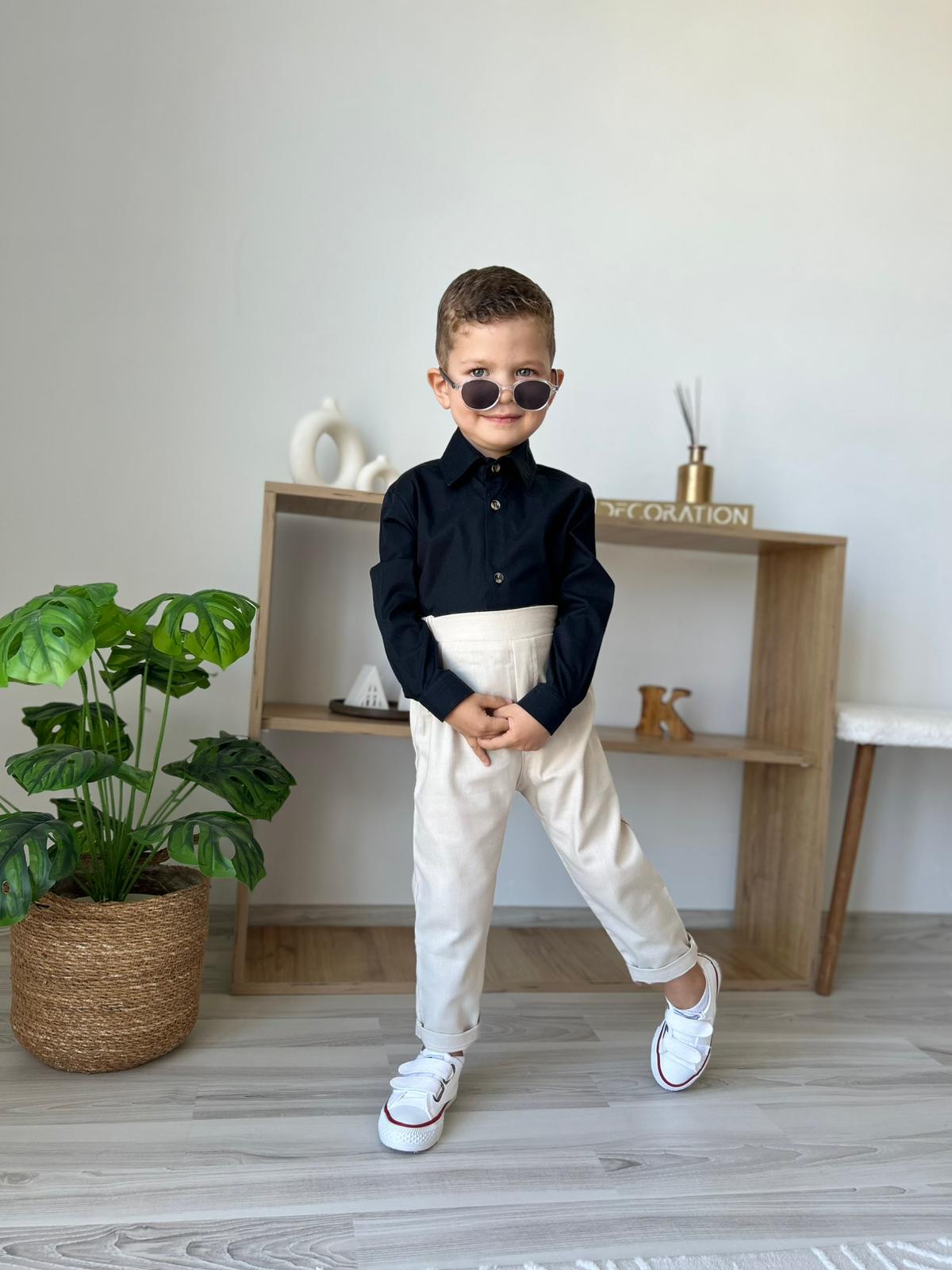 Favorimkids Bebek Çocuk siyah krem  Uzun Kollu Pantalon Gömlek Takım 1-5 yaş