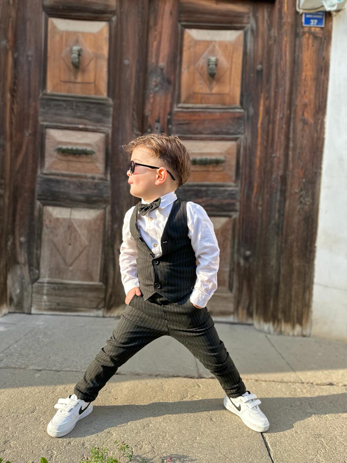 Favorimkids Keten Çizgili Yelekli Takım siyah