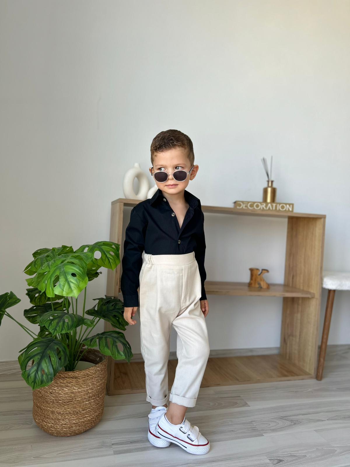 Favorimkids Bebek Çocuk siyah krem  Uzun Kollu Pantalon Gömlek Takım 1-5 yaş
