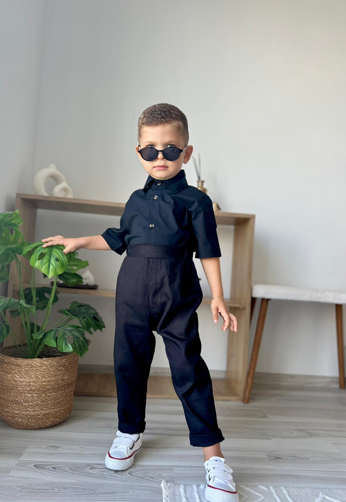 Favorimkids Bebek Çocuk SİYAH Kısa Kol  Pantalon  Gömlek Takım 1-5 yaş 
