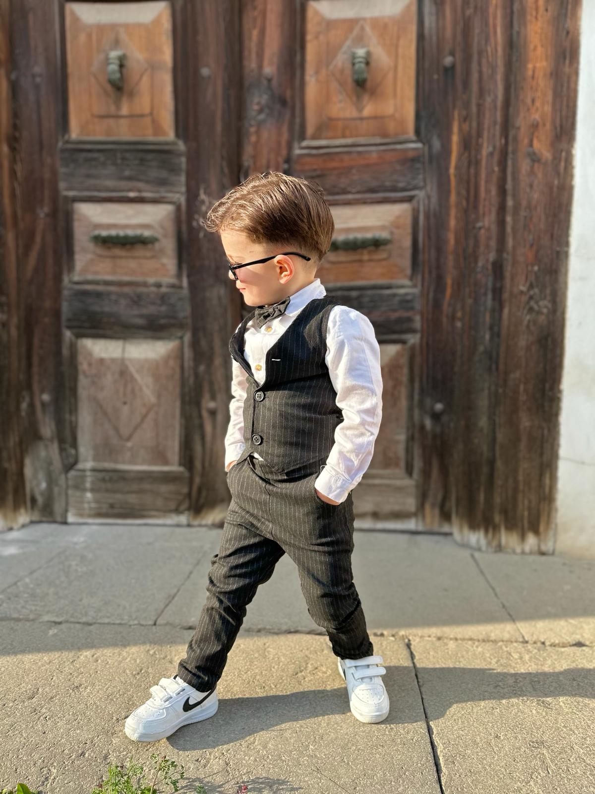 Favorimkids Keten Çizgili Yelekli Takım siyah