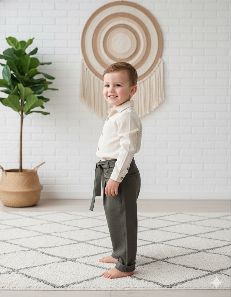 Favorimkids Yeşil Pantalon Krem Gömlek Bebek Çocuk ALT ÜST Takım 