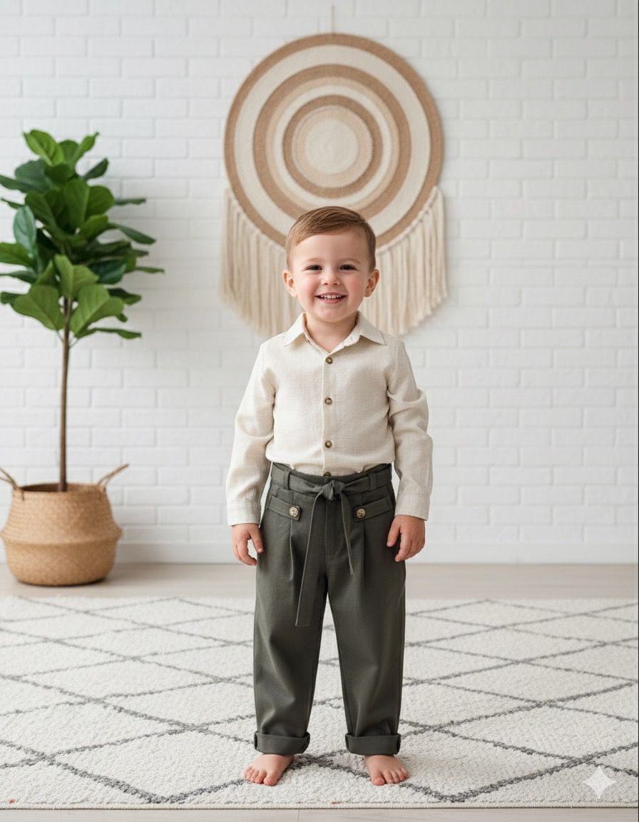 Favorimkids Yeşil Pantalon Krem Gömlek Bebek Çocuk ALT ÜST Takım 