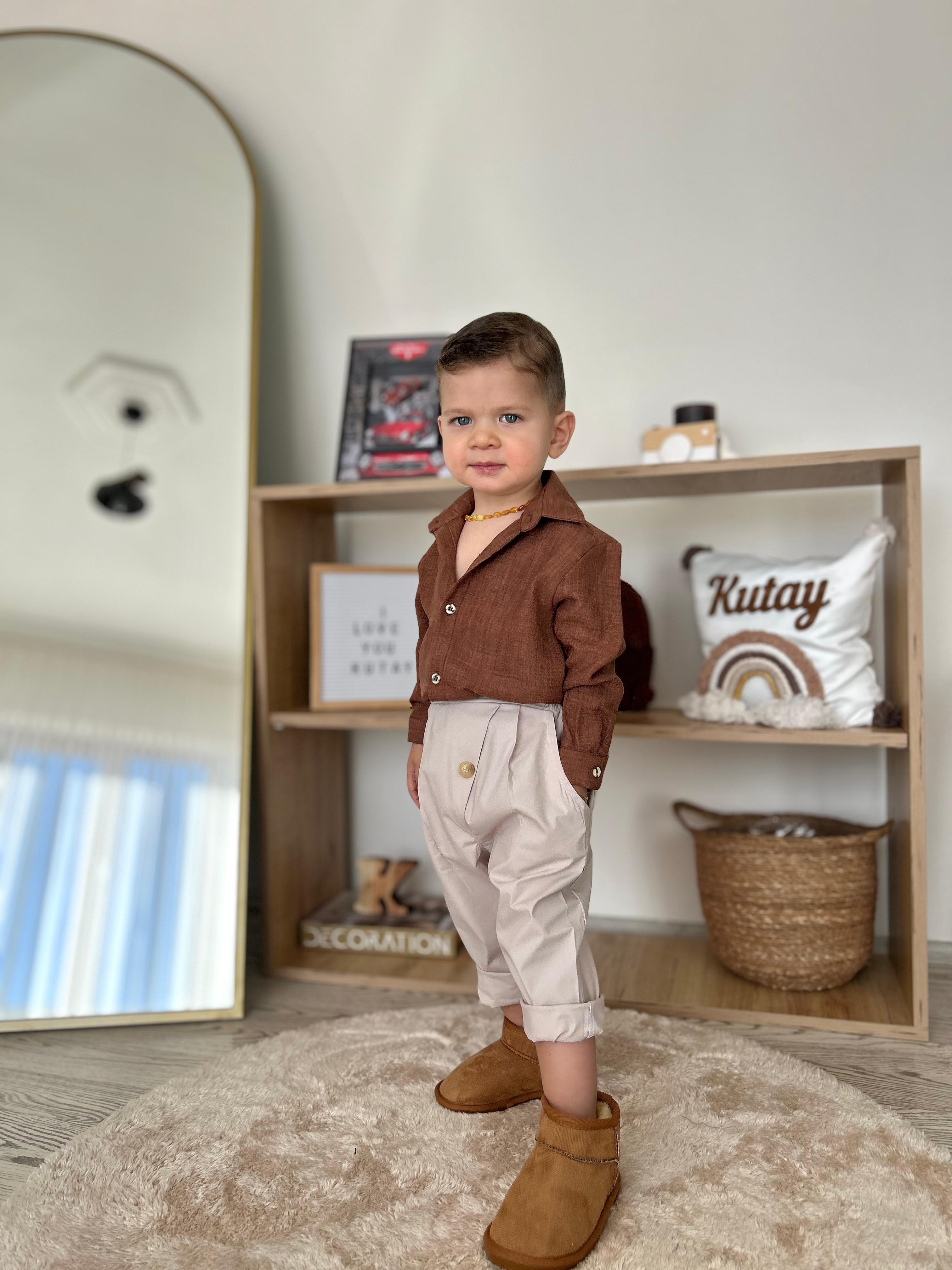 Favorimkids Kahve Keten Gömlek Pamuklu Pantalon Alt Üst Takım