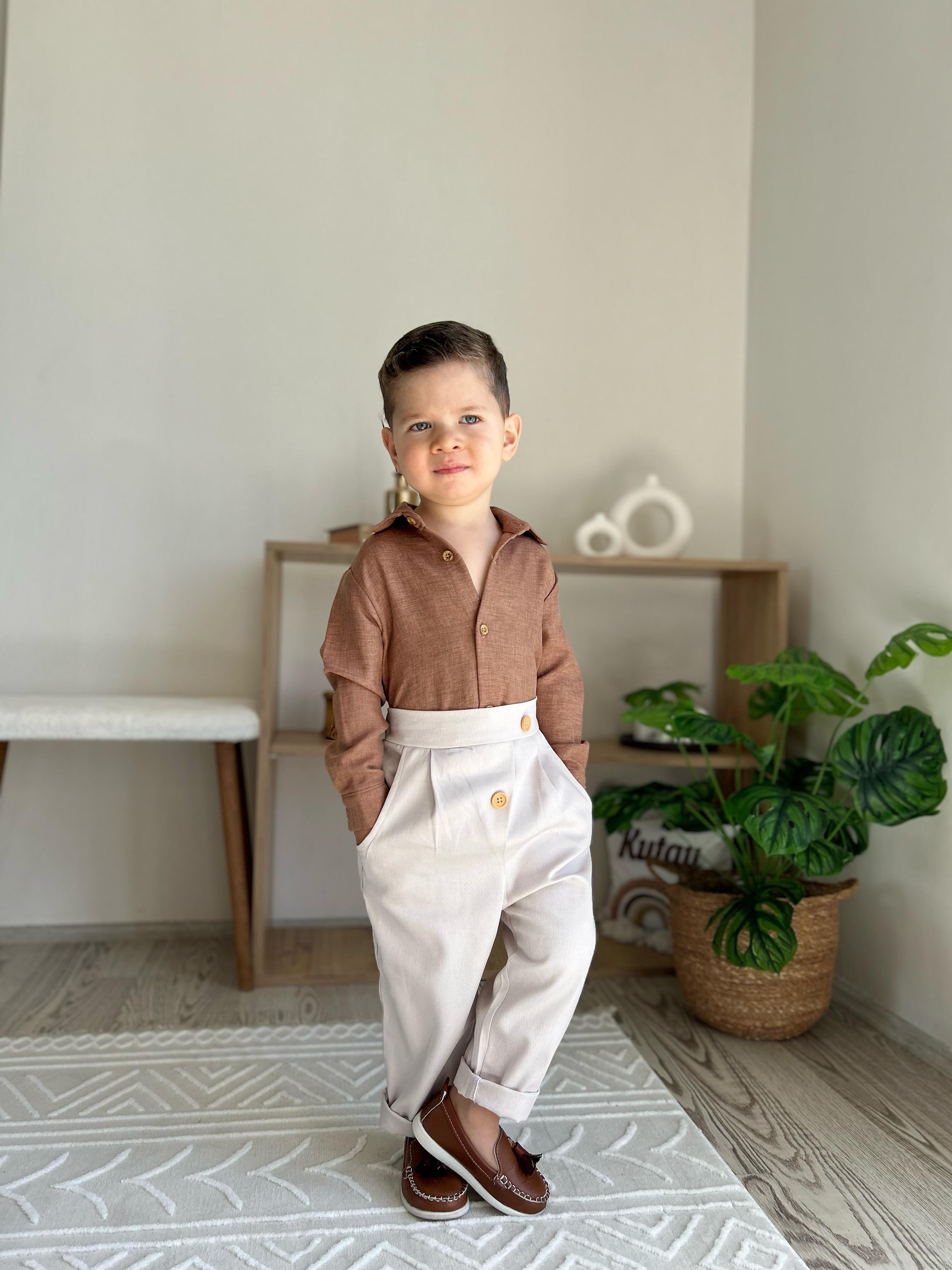 Favorimkids  Kahve Keten Gömlek Pamuklu Pantalon 1