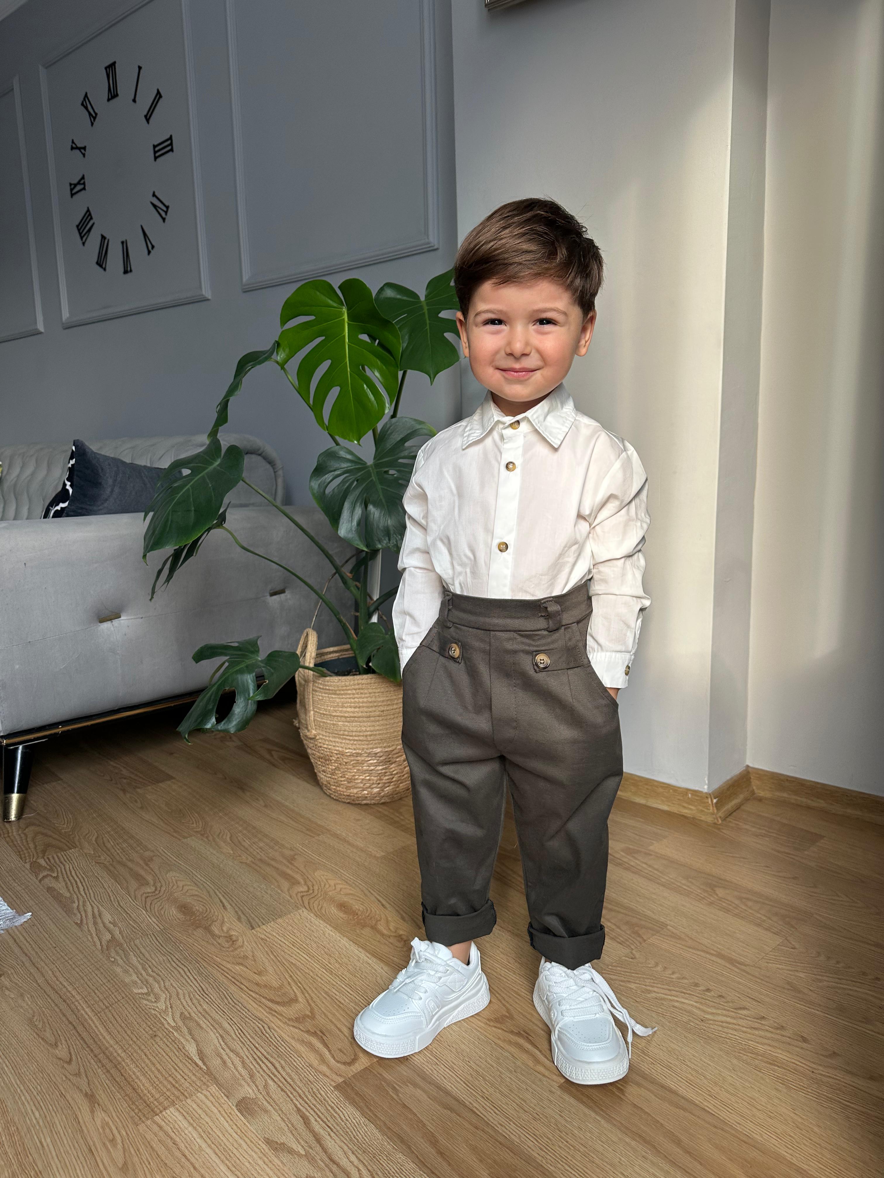 Favorimkids Yeşil Bebek Kemerli Takım Pamuklu Pantalon ve Gömlek 