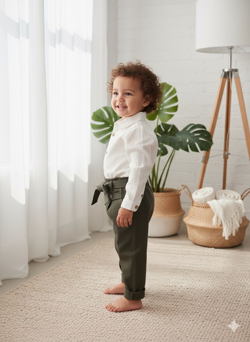 Favorimkids Yeşil Pantalon Beyaz Gömlek Bebek Çocuk ALT ÜST Takım -2-