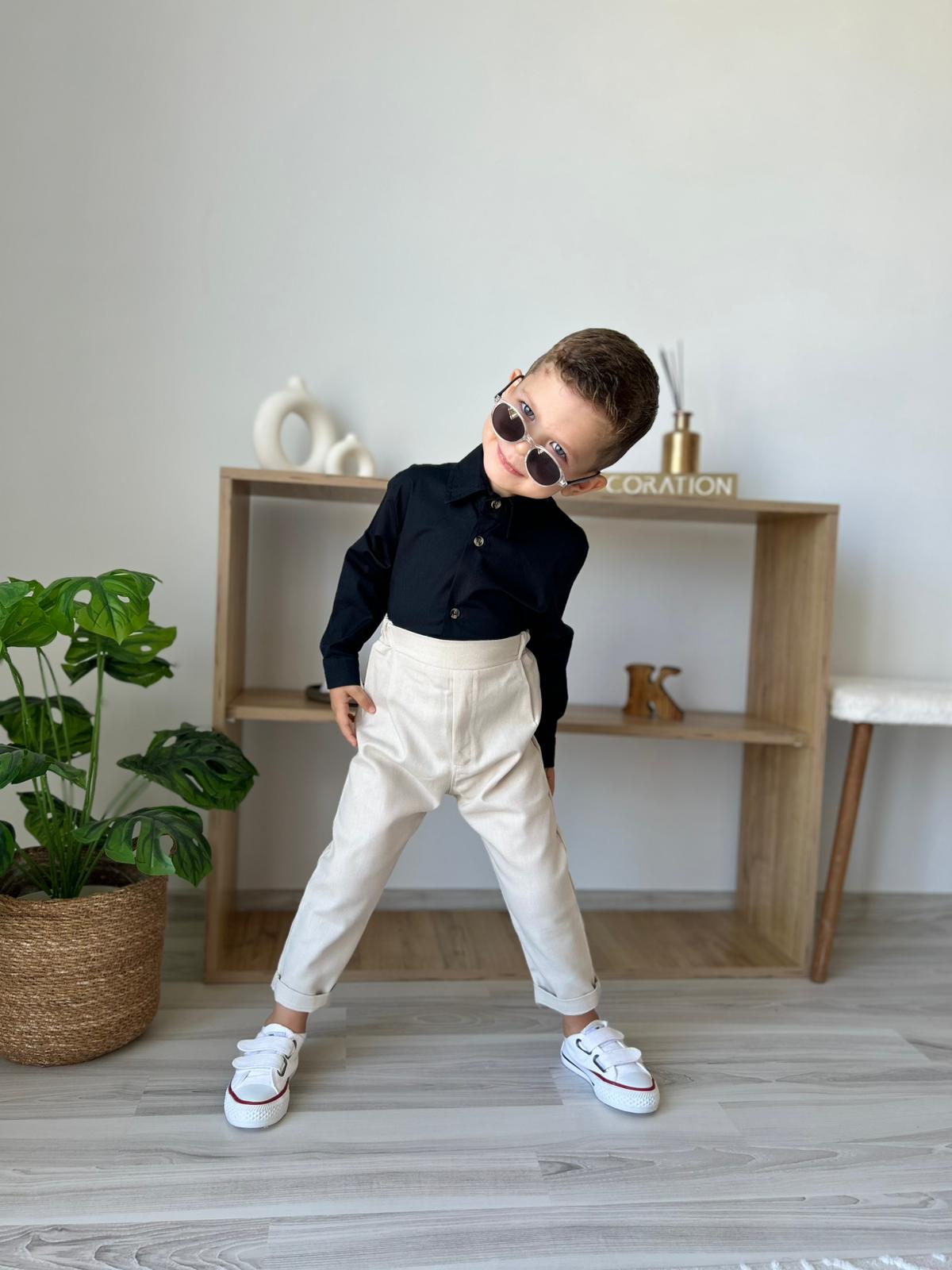Favorimkids Bebek Çocuk siyah krem  Uzun Kollu Pantalon Gömlek Takım 1-5 yaş