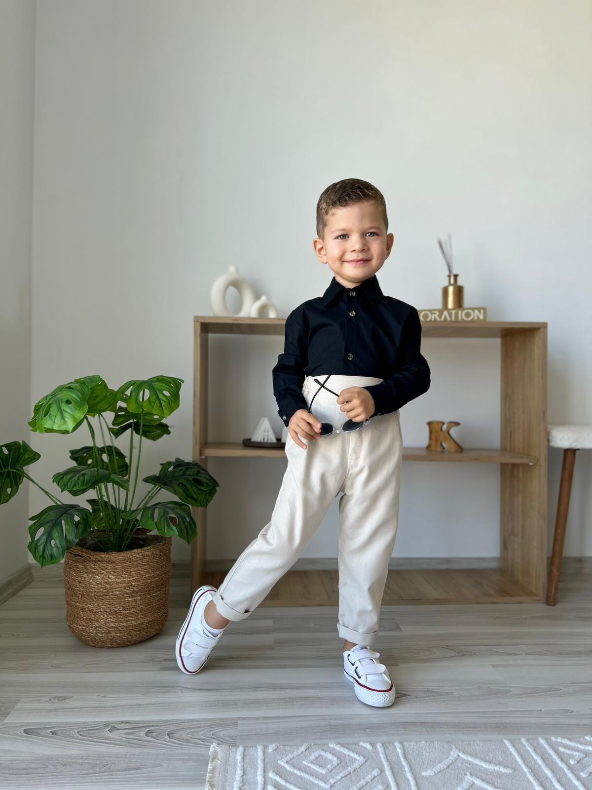 Favorimkids Bebek Çocuk siyah krem  Uzun Kollu Pantalon Gömlek Takım 1-5 yaş
