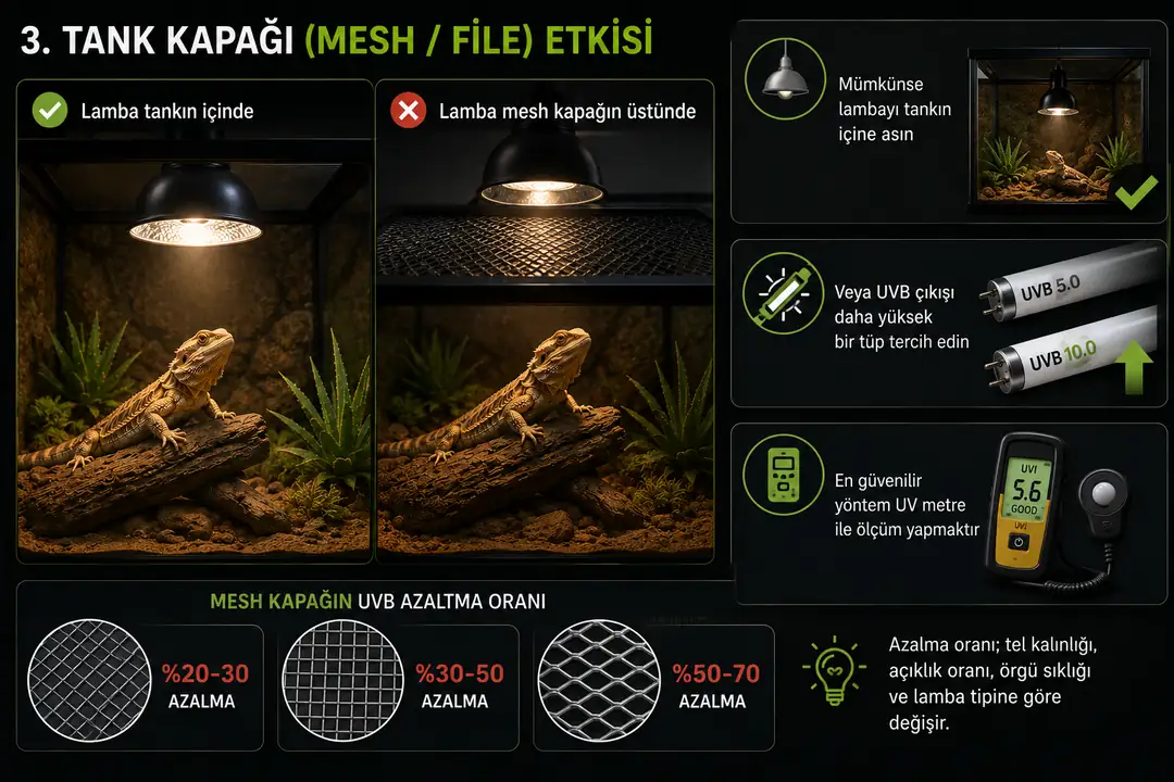 Teraryumlarda kullanılan mesh/file kapaklar UVB ışığının sürüngene ulaşan seviyesini azaltabilir. Bu etki tel kalınlığı, örgü sıklığı, açıklık oranı ve kullanılan UVB lambasına göre değişir. Doğru UVB seviyesini sağlamak için üreticinin konumlandırma önerileri dikkate alınmalı ve mümkünse UV metre ile güneşlenme noktasındaki gerçek UVI değeri ölçülmelidir.