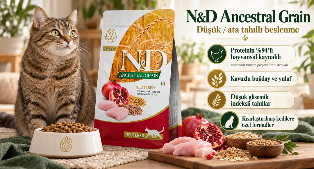 N&D Ancestral Grain, kavuzlu buğday (spelt) ve yulaf kullanan düşük/ata tahıllı N&D serilerinden biridir