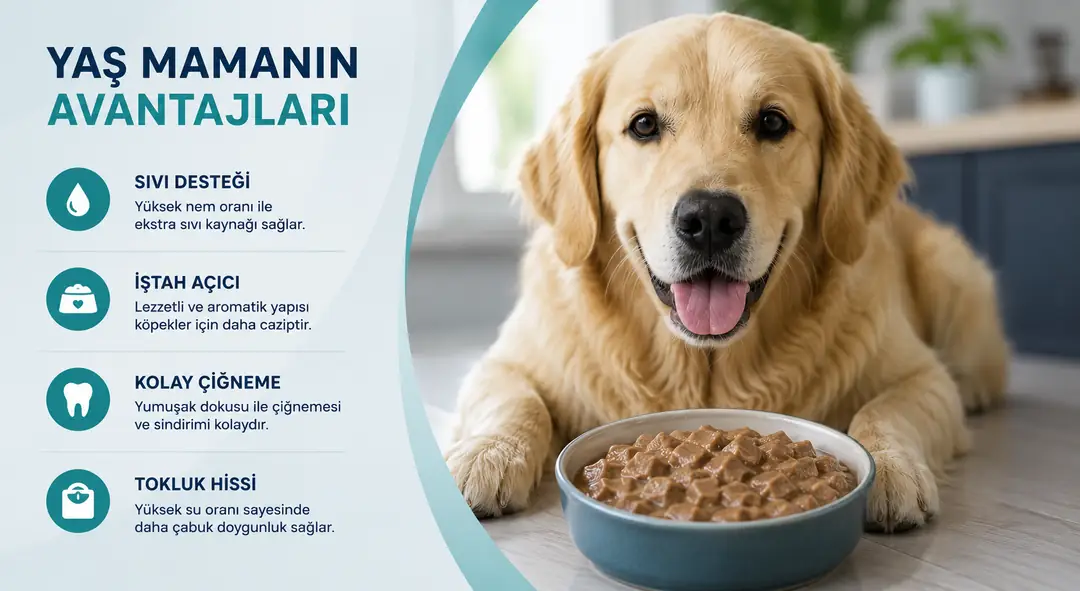Yaş köpek maması, yüksek nem oranı, lezzetli yapısı ve yumuşak dokusuyla sıvı alımını destekler, kolay çiğneme ve tokluk hissi sağlar.